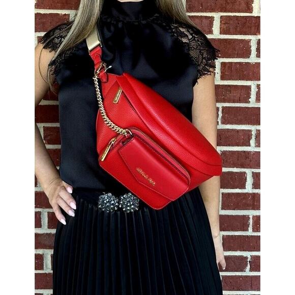 Michael Kors NWT Maisie Bright Red Leather 2 in 1 Waistpack Fannypack Travel - Picture 1 of 14